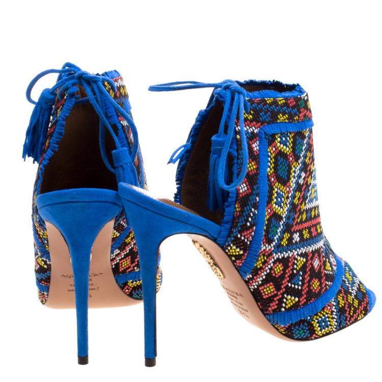 مملوكة مسبقًا Aquazzura Multicolor Embroidered Fabric and Suede Colorado Peep Toe Sandals Size 38.5