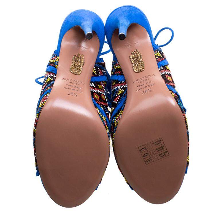 مملوكة مسبقًا Aquazzura Multicolor Embroidered Fabric and Suede Colorado Peep Toe Sandals Size 38.5