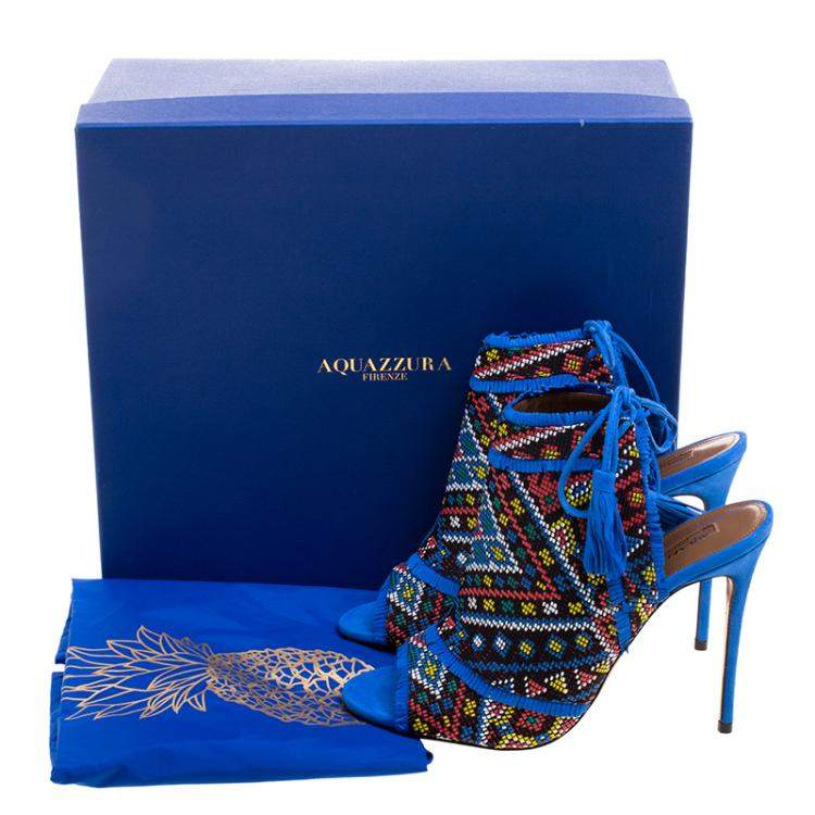 مملوكة مسبقًا Aquazzura Multicolor Embroidered Fabric and Suede Colorado Peep Toe Sandals Size 38.5