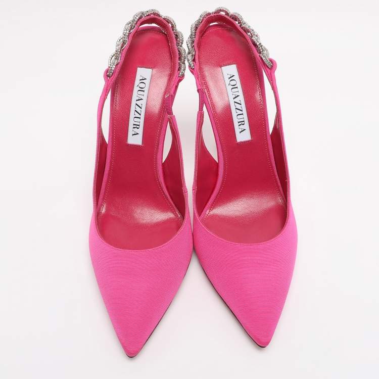 Pre Owned Aquazzura Pink Nylon Love Link Slingback Pumps Size 38