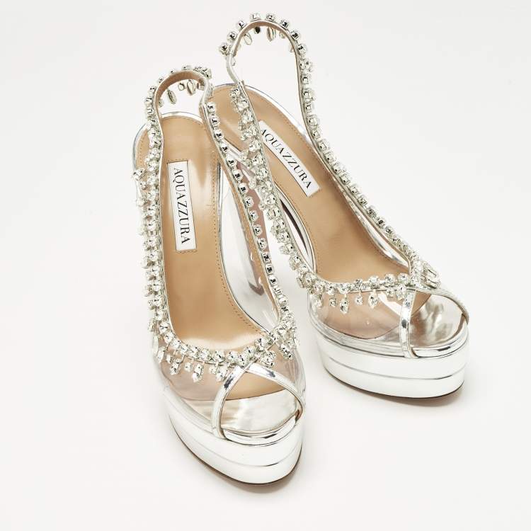 Pre Owned Aquazzura Silver Patent Leather and PVC Temptation Crystals Slingback Platform Pumps Size 38