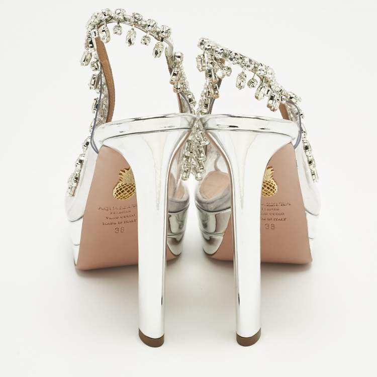 Pre Owned Aquazzura Silver Patent Leather and PVC Temptation Crystals Slingback Platform Pumps Size 38