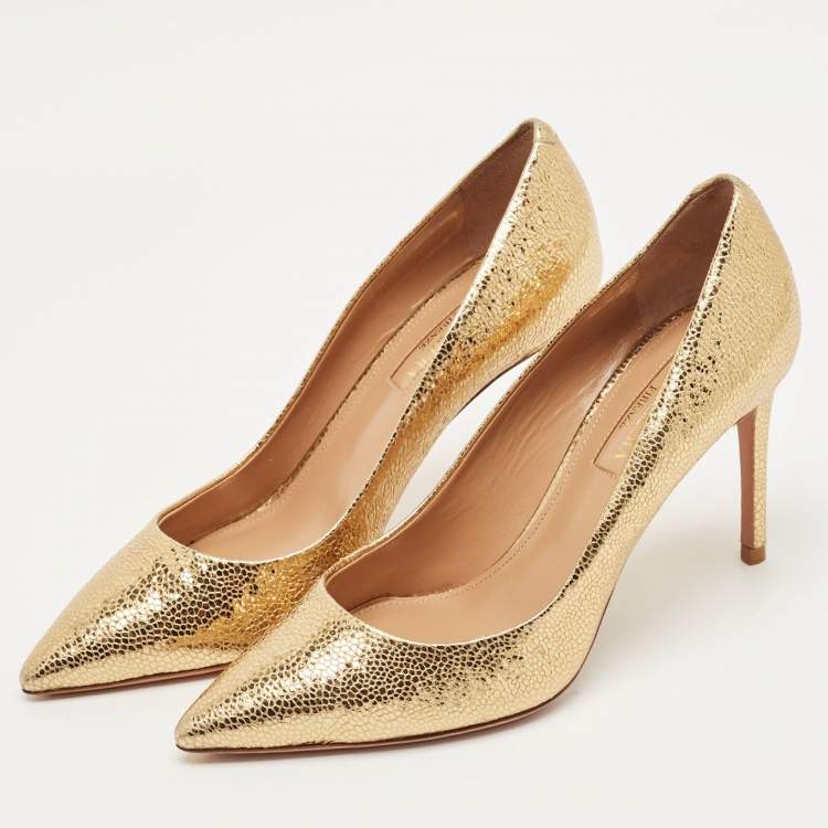 Pre Owned Aquazzura Gold Textured Leather Purist Pumps Size 35