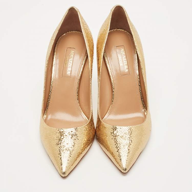 Pre Owned Aquazzura Gold Textured Leather Purist Pumps Size 35