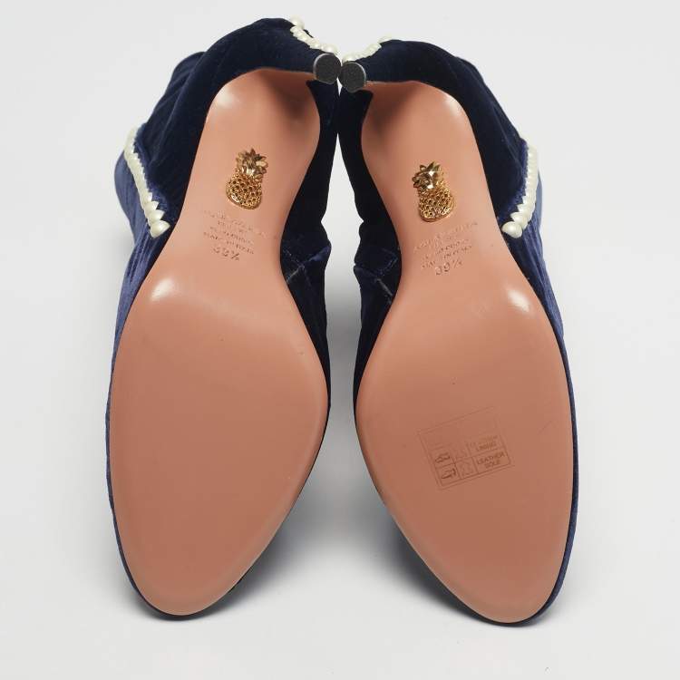 Pre Owned Aquazzura Navy Blue Velvet Follie Pearls Ankle Boots Size 39.5