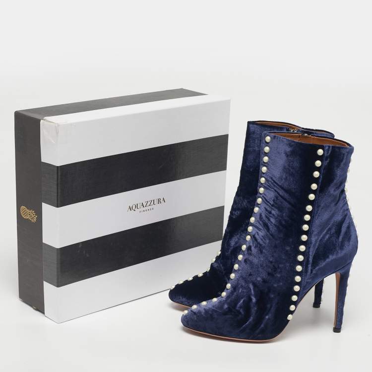 Pre Owned Aquazzura Navy Blue Velvet Follie Pearls Ankle Boots Size 39.5