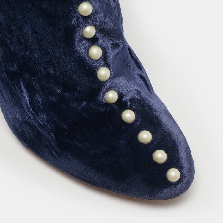 Pre Owned Aquazzura Navy Blue Velvet Follie Pearls Ankle Boots Size 39.5