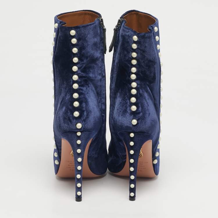 Pre Owned Aquazzura Navy Blue Velvet Follie Pearls Ankle Boots Size 39.5