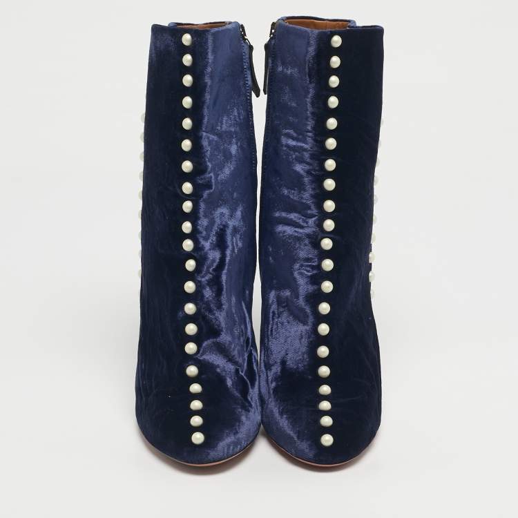 Pre Owned Aquazzura Navy Blue Velvet Follie Pearls Ankle Boots Size 39.5