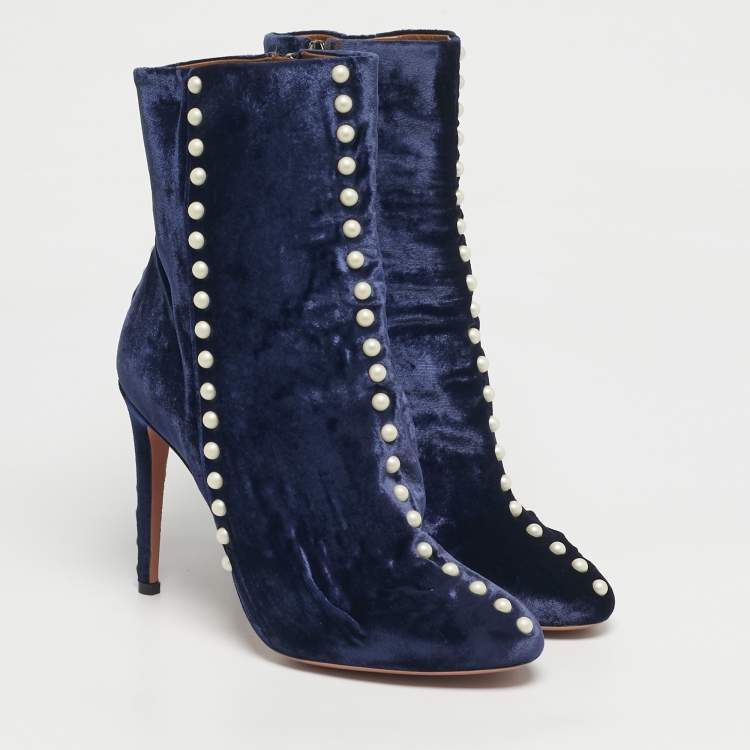 Pre Owned Aquazzura Navy Blue Velvet Follie Pearls Ankle Boots Size 39.5