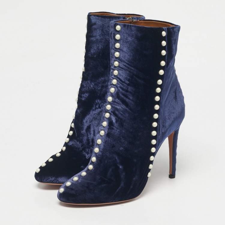 Pre Owned Aquazzura Navy Blue Velvet Follie Pearls Ankle Boots Size 39.5