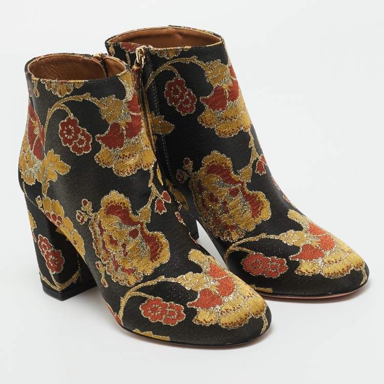 Pre Owned Aquazzura Multicolor Floral Brocade Fabric Brooklyn Oriental Ankle Boots Size 37