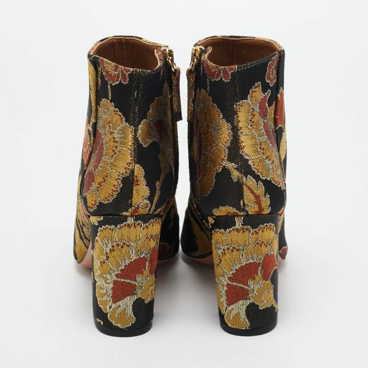 Pre Owned Aquazzura Multicolor Floral Brocade Fabric Brooklyn Oriental Ankle Boots Size 37