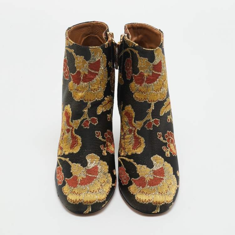Pre Owned Aquazzura Multicolor Floral Brocade Fabric Brooklyn Oriental Ankle Boots Size 37