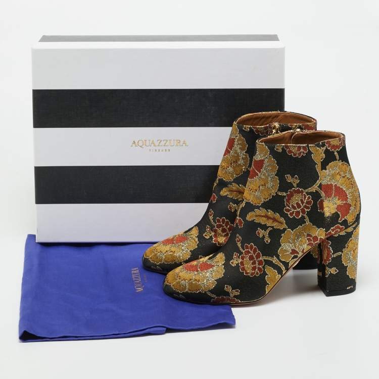 Pre Owned Aquazzura Multicolor Floral Brocade Fabric Brooklyn Oriental Ankle Boots Size 37