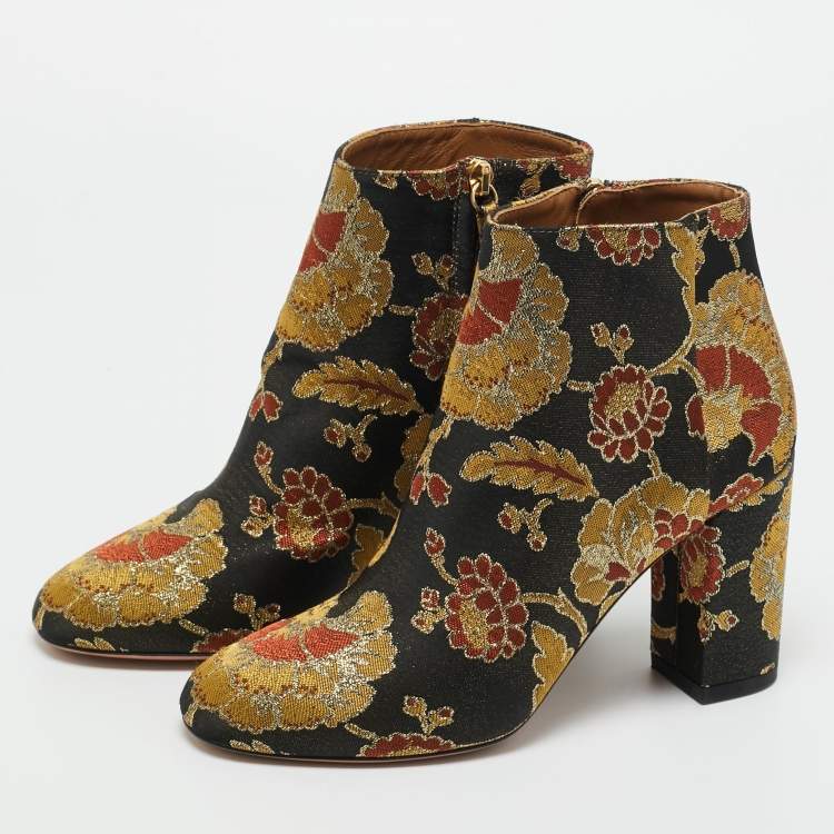 Pre Owned Aquazzura Multicolor Floral Brocade Fabric Brooklyn Oriental Ankle Boots Size 37