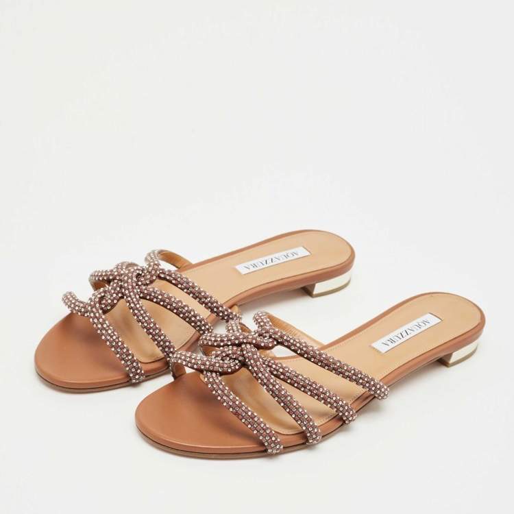 Pre Owned Aquazzura Brown Leather Crystal Embellish Flat Slide Size 41