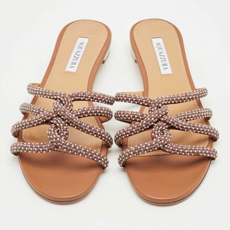 Pre Owned Aquazzura Brown Leather Crystal Embellish Flat Slide Size 41