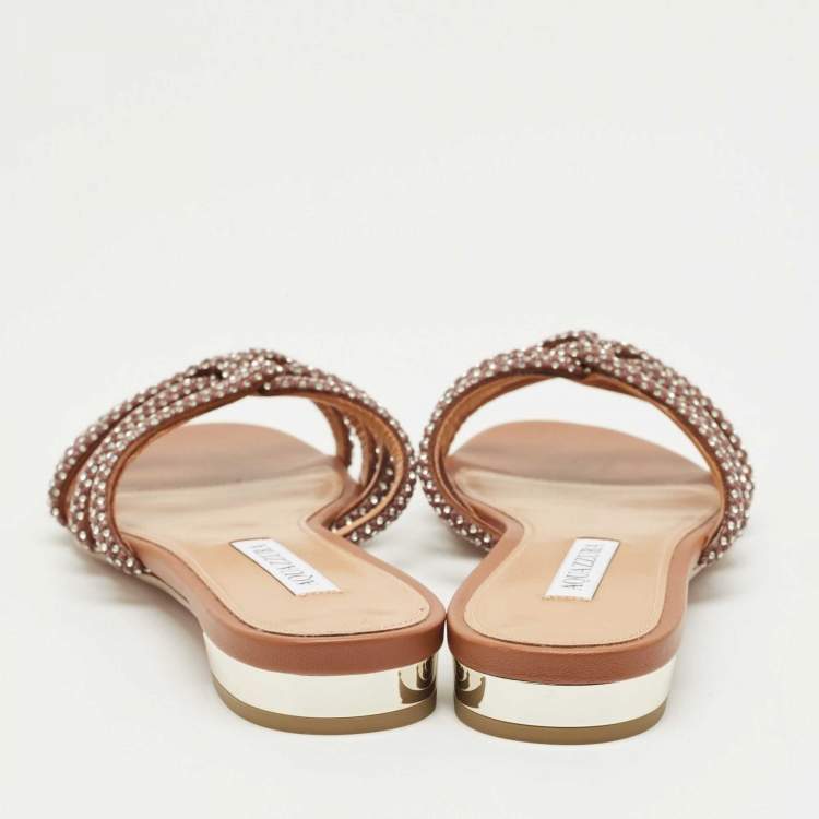 Pre Owned Aquazzura Brown Leather Crystal Embellish Flat Slide Size 41