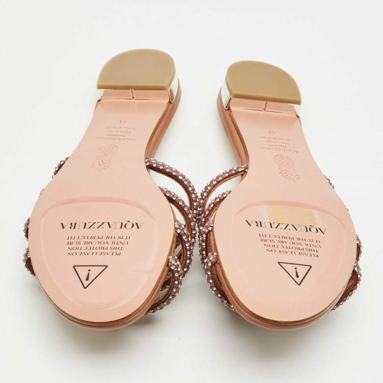 Pre Owned Aquazzura Brown Leather Crystal Embellish Flat Slide Size 41