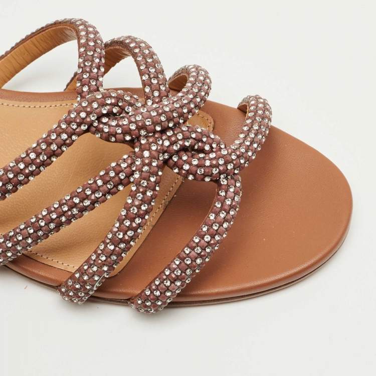 Pre Owned Aquazzura Brown Leather Crystal Embellish Flat Slide Size 41