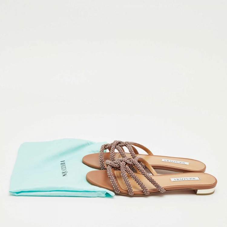 Pre Owned Aquazzura Brown Leather Crystal Embellish Flat Slide Size 41