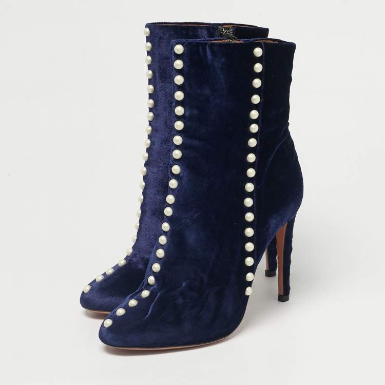 Pre Owned Aquazzura Navy Blue Velvet Follie Pearls Ankle Boots Size 36.5