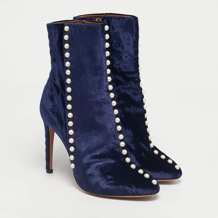 Pre Owned Aquazzura Navy Blue Velvet Follie Pearls Ankle Boots Size 36.5