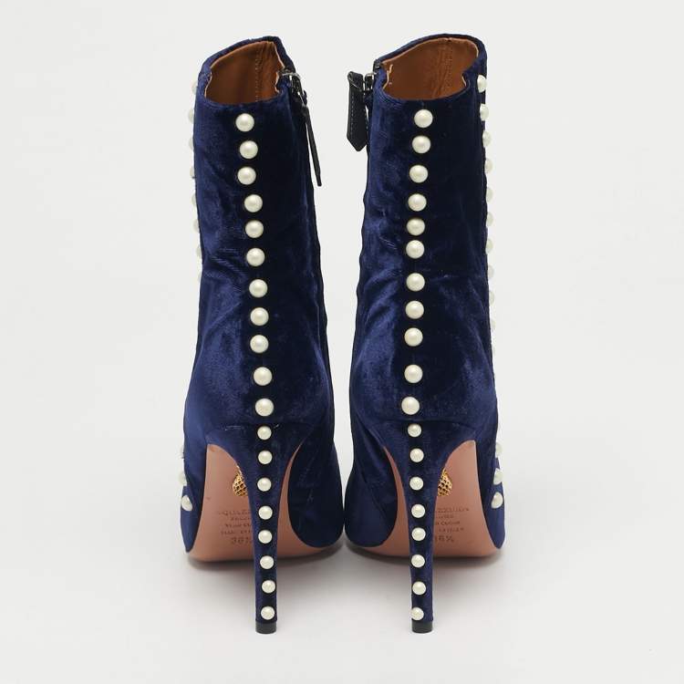 Pre Owned Aquazzura Navy Blue Velvet Follie Pearls Ankle Boots Size 36.5