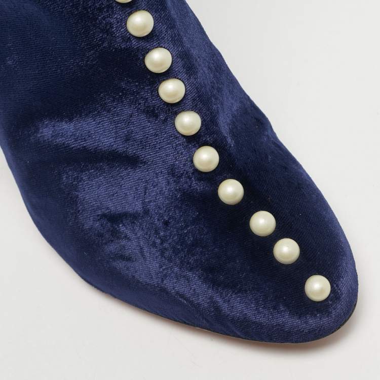 Pre Owned Aquazzura Navy Blue Velvet Follie Pearls Ankle Boots Size 36.5