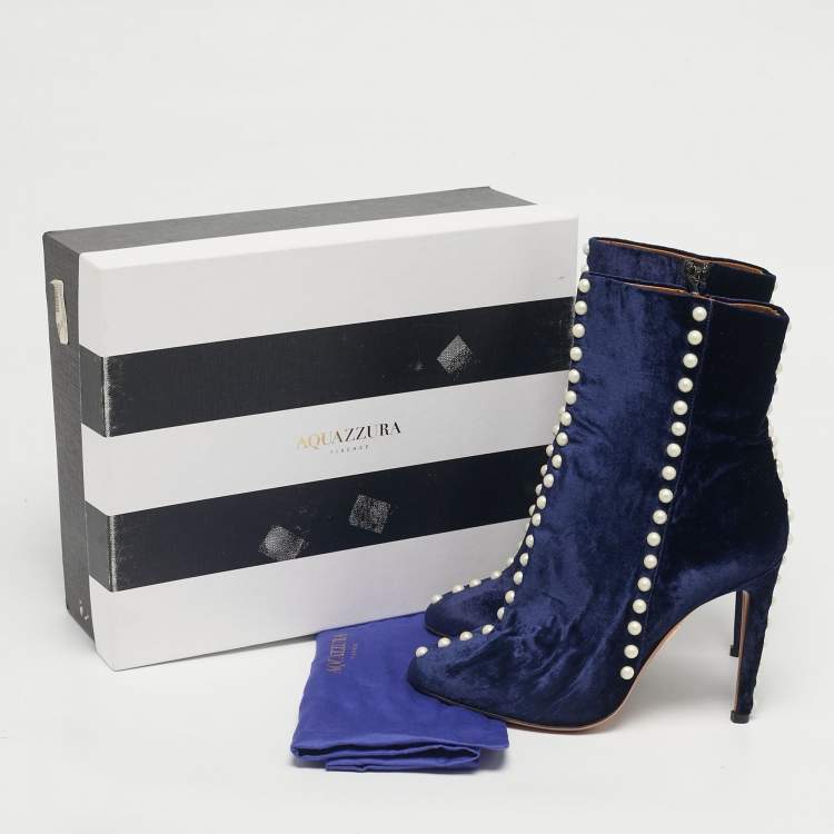 Pre Owned Aquazzura Navy Blue Velvet Follie Pearls Ankle Boots Size 36.5