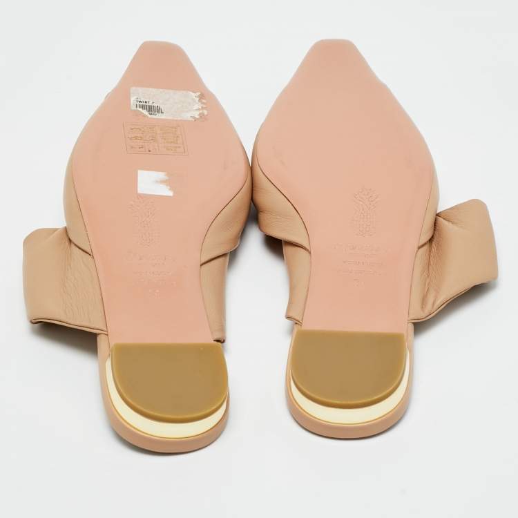 Pre Owned Aquazzura Beige/Black Leather and Fabric Twist Cap Toe Mules Size 38