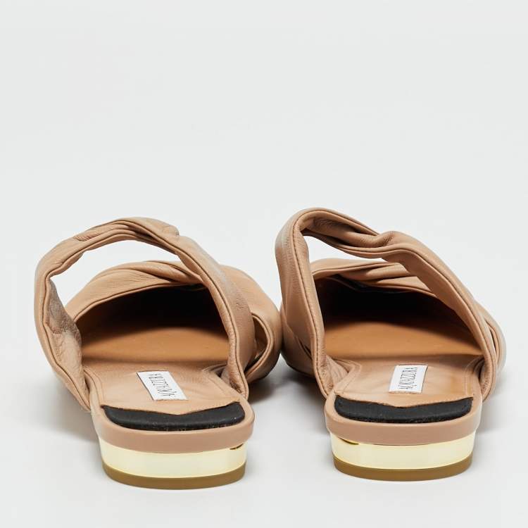 Pre Owned Aquazzura Beige/Black Leather and Fabric Twist Cap Toe Mules Size 38