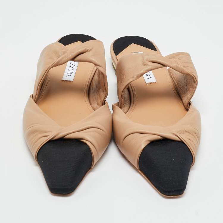 Pre Owned Aquazzura Beige/Black Leather and Fabric Twist Cap Toe Mules Size 38