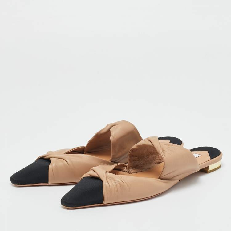 Pre Owned Aquazzura Beige/Black Leather and Fabric Twist Cap Toe Mules Size 38