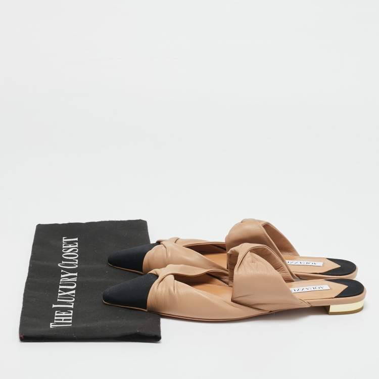 Pre Owned Aquazzura Beige/Black Leather and Fabric Twist Cap Toe Mules Size 38