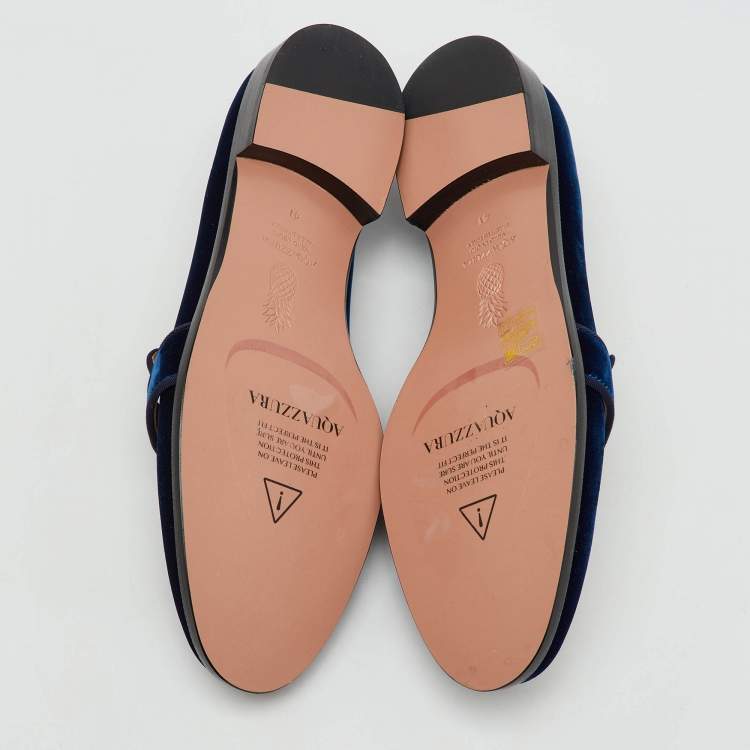 Pre Owned Aquazzura Navy Blue Velvet Martin Slip On Loafers Size 41