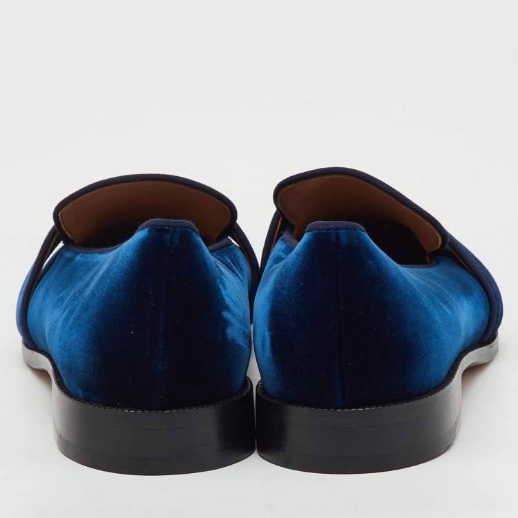 Pre Owned Aquazzura Navy Blue Velvet Martin Slip On Loafers Size 41