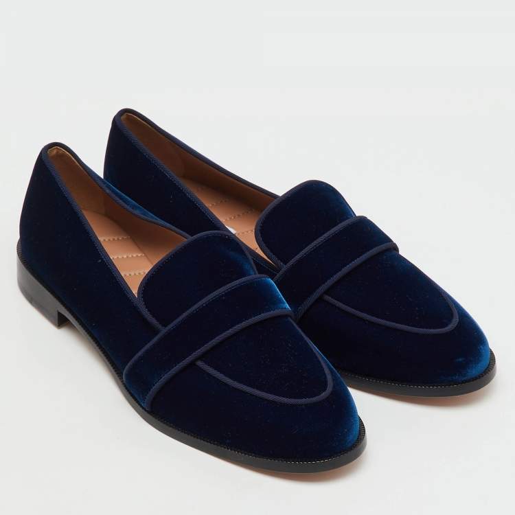 Pre Owned Aquazzura Navy Blue Velvet Martin Slip On Loafers Size 41