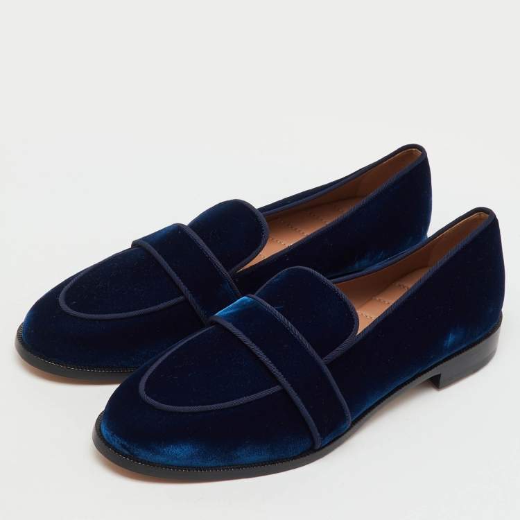Pre Owned Aquazzura Navy Blue Velvet Martin Slip On Loafers Size 41