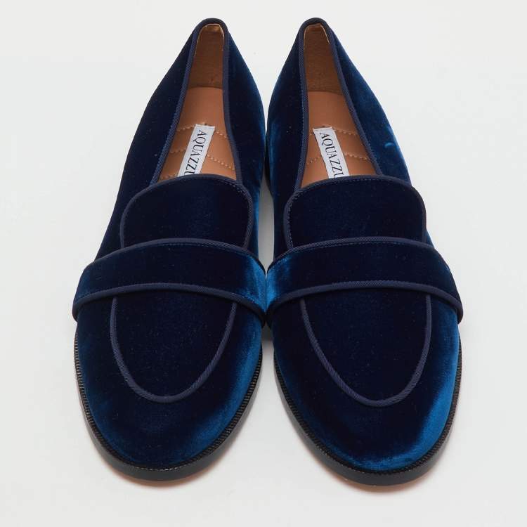 Pre Owned Aquazzura Navy Blue Velvet Martin Slip On Loafers Size 41