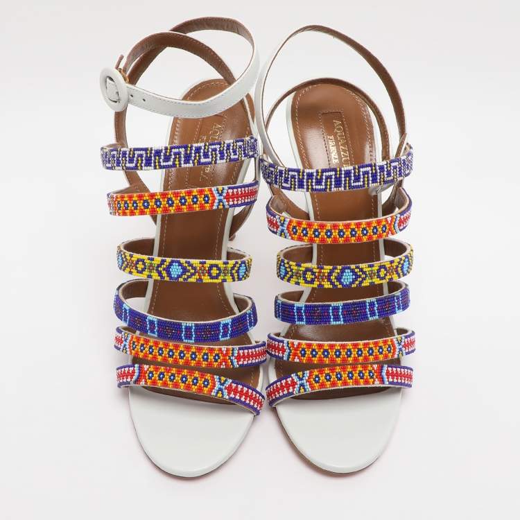 Pre Owned Aquazzura White Beads and Leather Strappy Ankle Strap Sandals Size 38.5