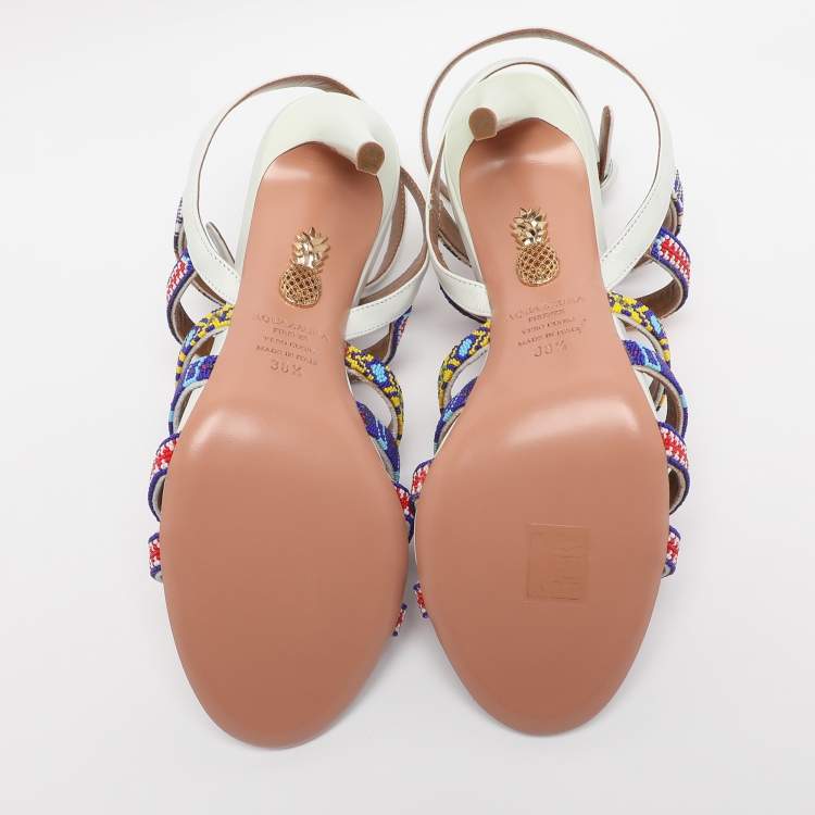 Pre Owned Aquazzura White Beads and Leather Strappy Ankle Strap Sandals Size 38.5