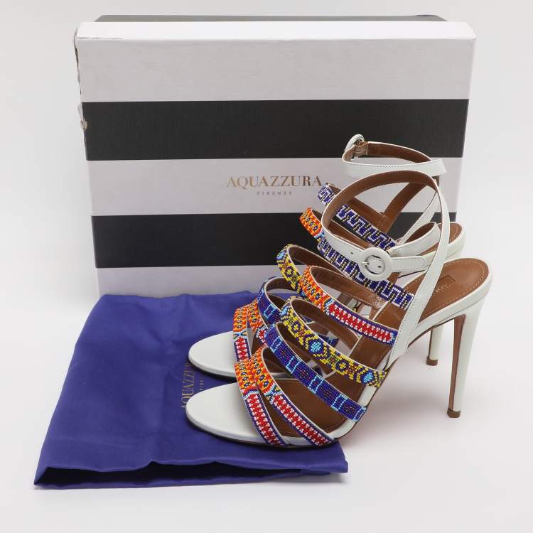Pre Owned Aquazzura White Beads and Leather Strappy Ankle Strap Sandals Size 38.5