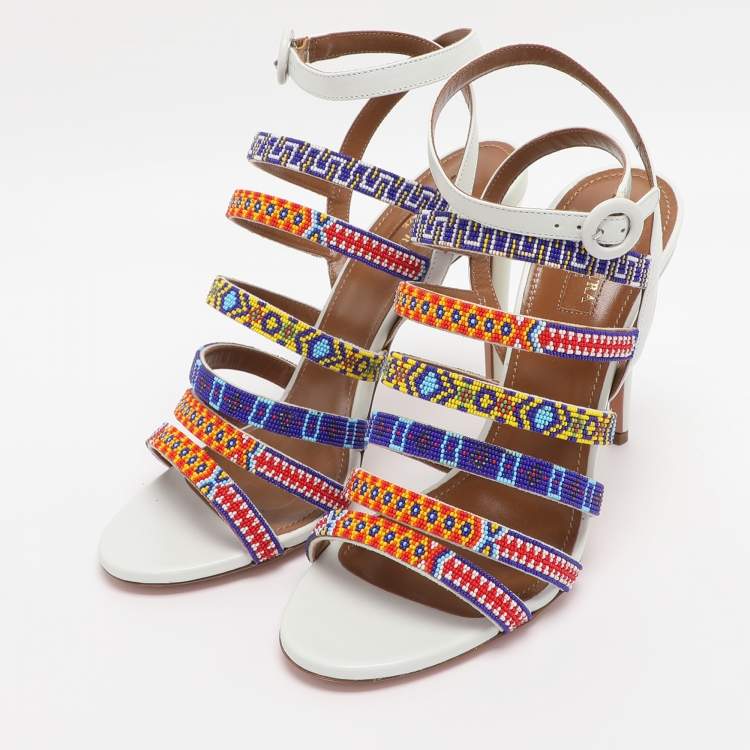 Pre Owned Aquazzura White Beads and Leather Strappy Ankle Strap Sandals Size 38.5