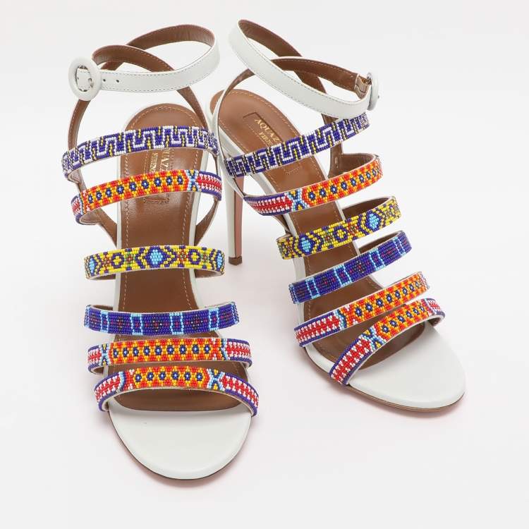 Pre Owned Aquazzura White Beads and Leather Strappy Ankle Strap Sandals Size 38.5