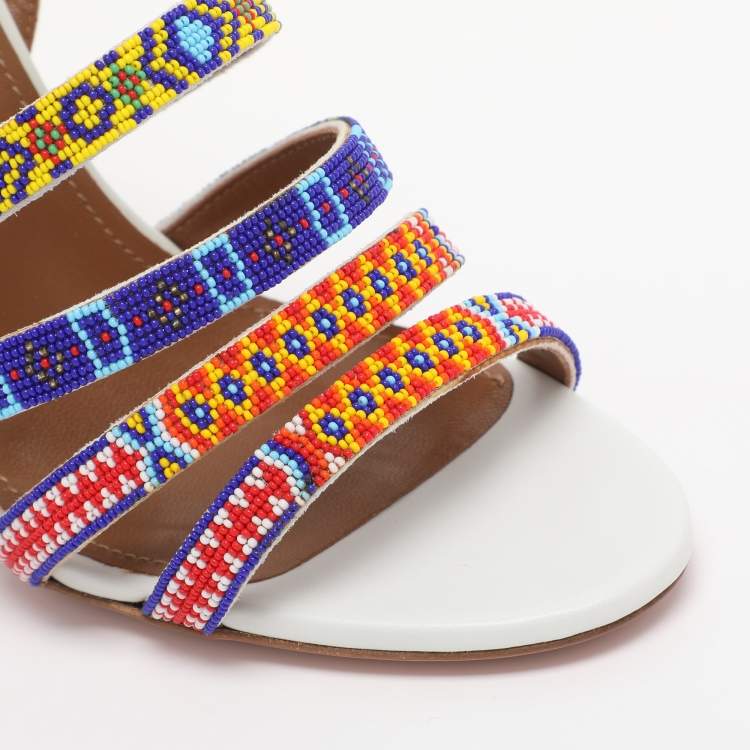 Pre Owned Aquazzura White Beads and Leather Strappy Ankle Strap Sandals Size 38.5