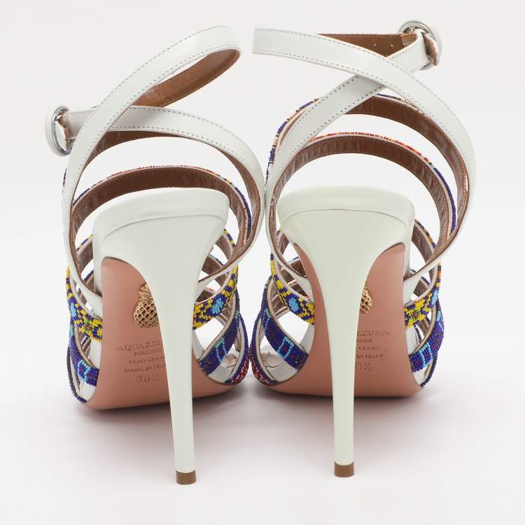 Pre Owned Aquazzura White Beads and Leather Strappy Ankle Strap Sandals Size 38.5