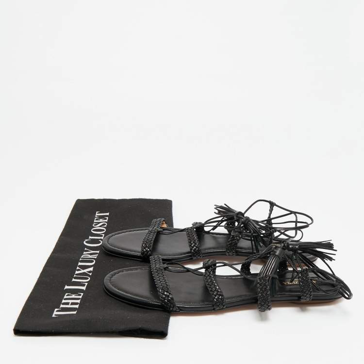 Pre Owned Aquazzura Black Braided Leather Stromboli Gladiator Flat Sandals Size 38.5