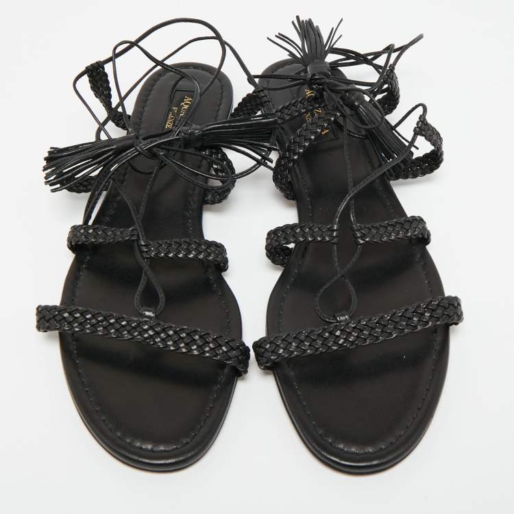 Pre Owned Aquazzura Black Braided Leather Stromboli Gladiator Flat Sandals Size 38.5